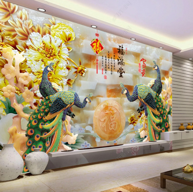 瓷砖壁画_仿玉雕_孔雀_花开富贵