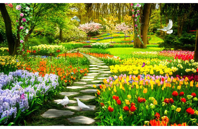 瓷砖风景画_繁花小径小路_树林